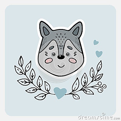 Wolf. Cute funny hand drawn animal with hearts, leaves and branches. Vector Illustration